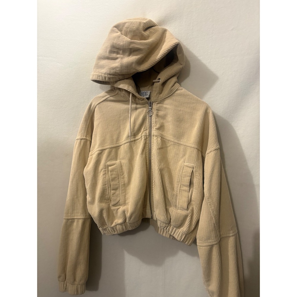 BDG Urban Outfitters Tan Corduroy Zip Up Cropped Hoodie Jacket Beige Medium
